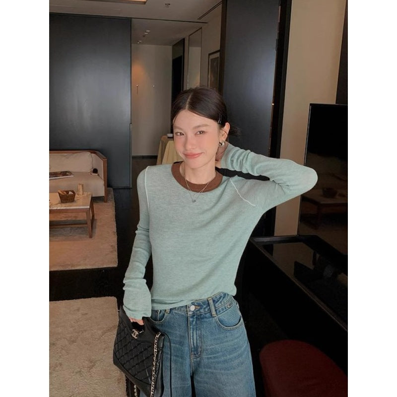 Women's Casual Round-Neck Color-Block Patchwork Top LadyShow.Store