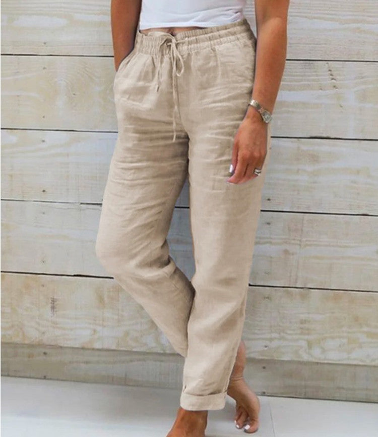 Cotton And Linen Women's High Waist Elastic Waist Solid Color Cotton And Linen Casual Pants NorixaFashion.com