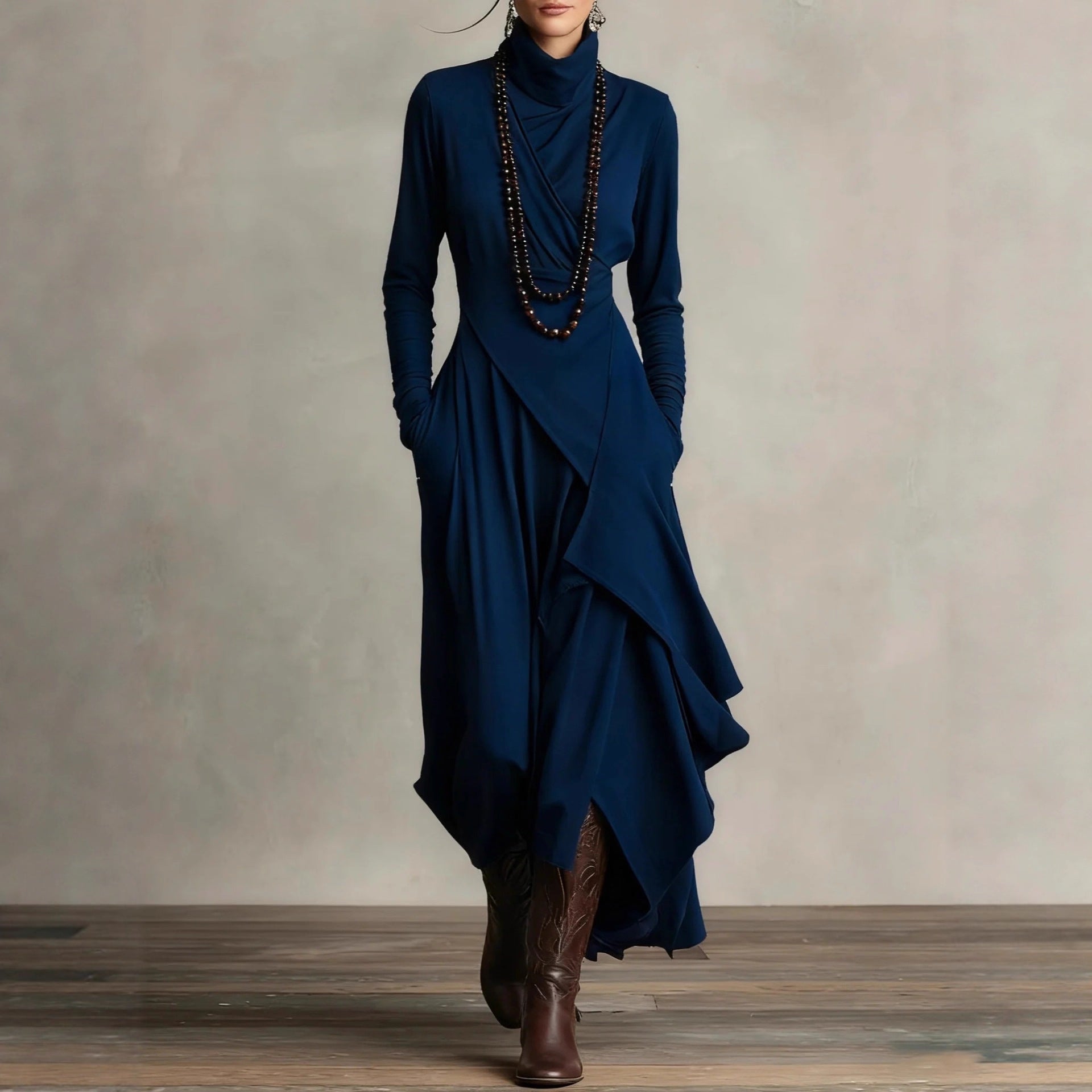 Women's Solid Color Cross-sleeve High-neck Dress LadyShow.Store