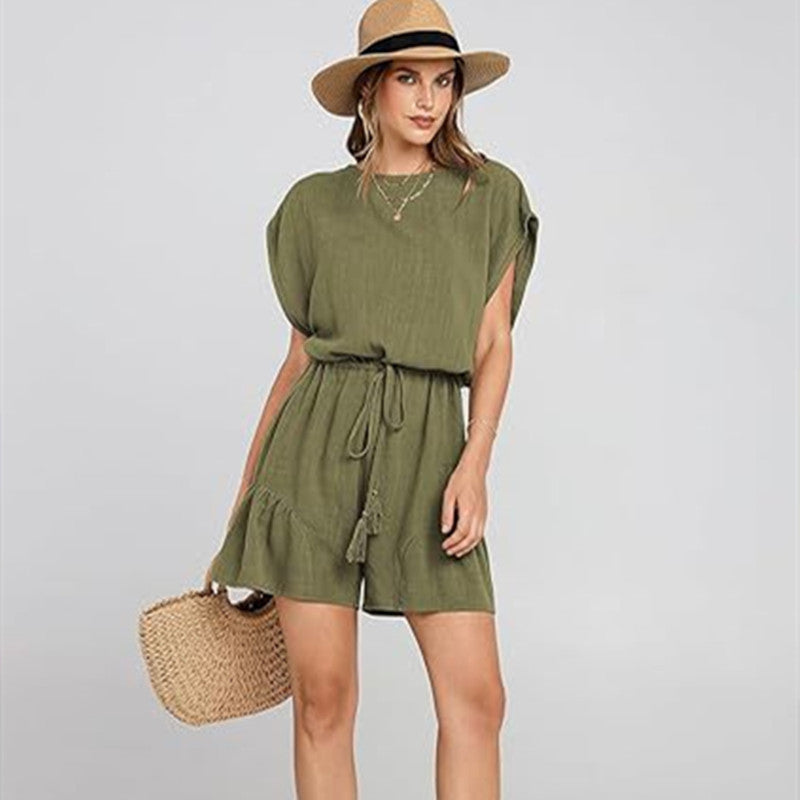 Cotton And Linen Jumpsuit Loose Waist Short Sleeve Women LadyShow.Store
