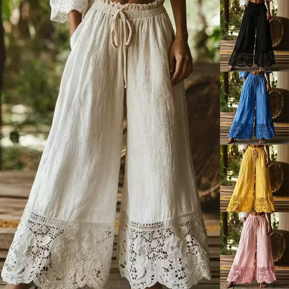 Fashionable Solid-Colored Lace-Trimmed Womens Pants NorixaFashion.com