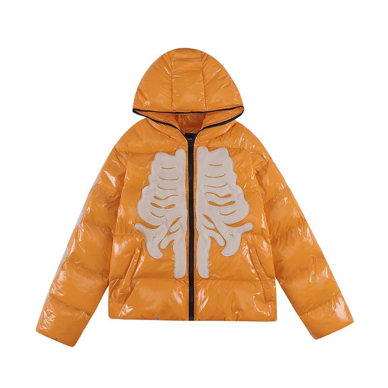 Street Retro Flocking Embroidery Skeleton Men's Hooded Cotton Jacket