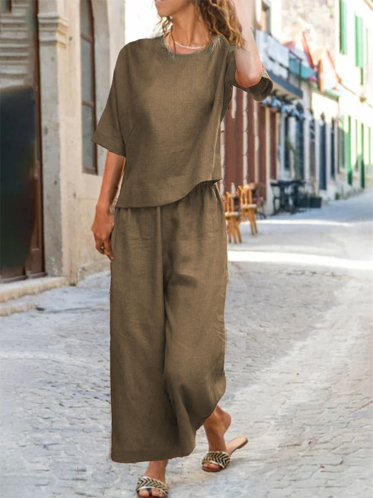 European And American Women's Linen Casual Loose Solid Color Suit Two-piece Women LadyShow.Store