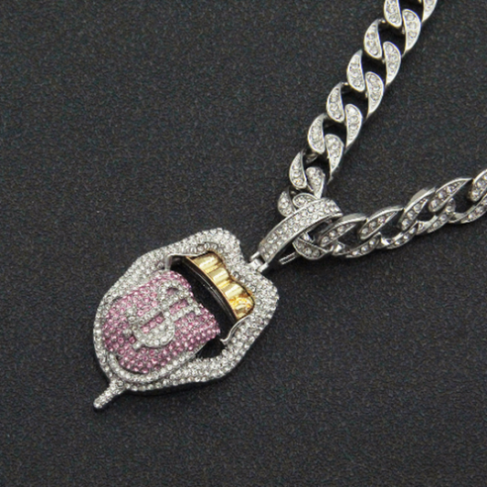 Dollar Tongue Shape Pendant with Pink Crystal Cuban Chain Pi-Mart