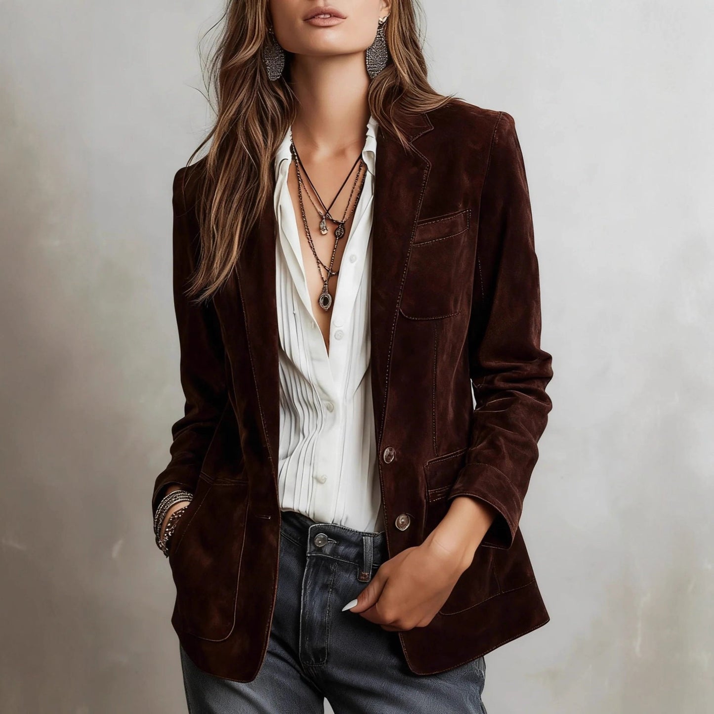 European And American Cross-border Autumn Women's Fashion Jacket, Elegant Brown Suede With Pockets And Buttons NorixaFashion.com