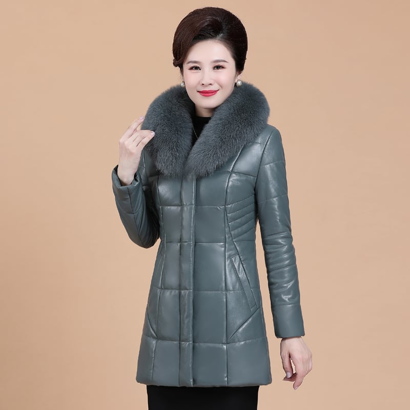 Women's Thickened Leather Down Jacket with Fur Collar Pi-Mart