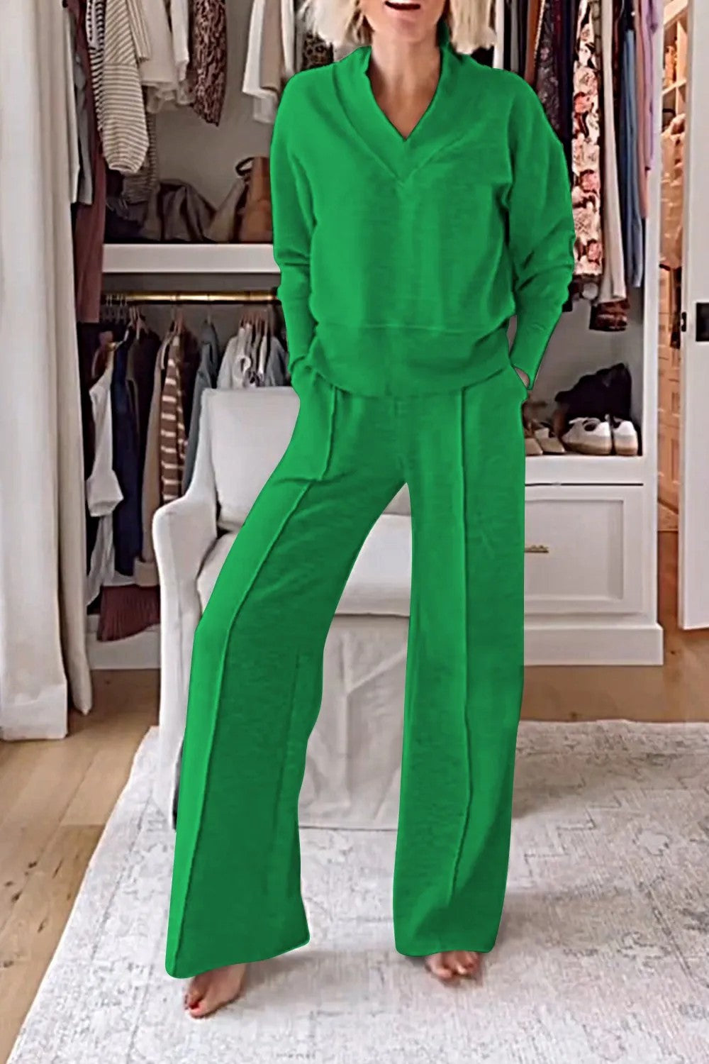 V-neck Long Sleeve Loose Top Wide Leg Pants Two-piece Set NorixaFashion.com