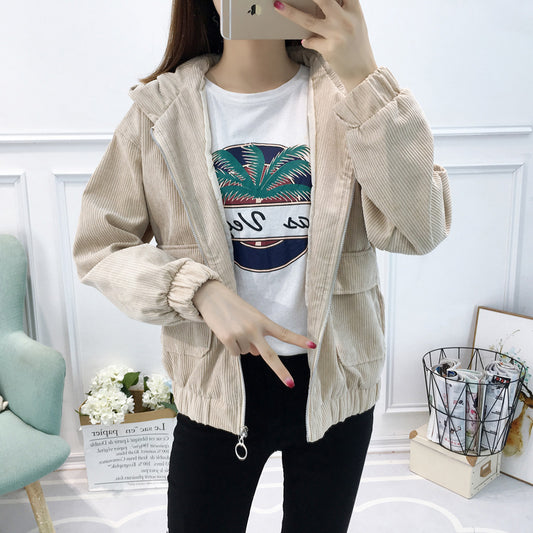 New Korean-style Hooded Corduroy Jacket, Short & Thick Pi-Mart