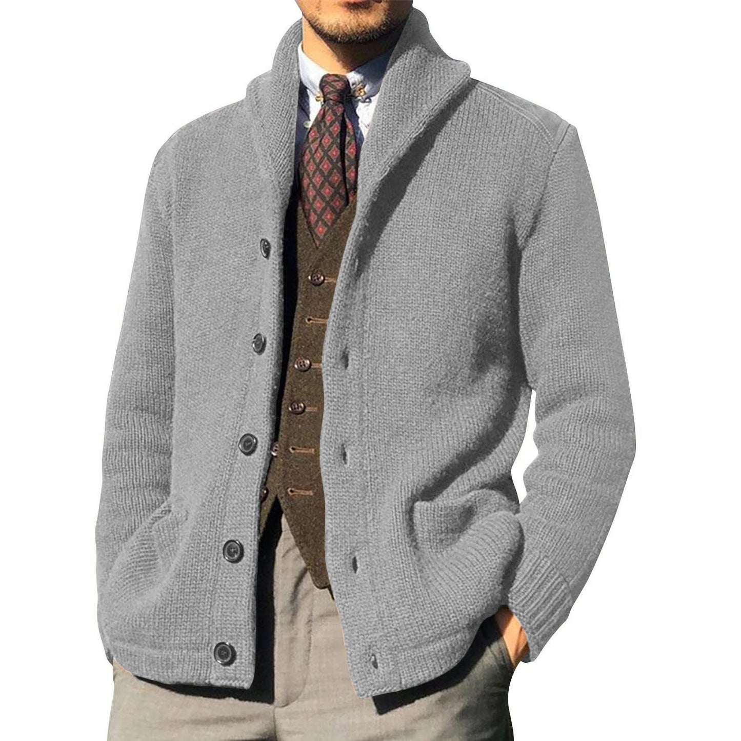 New Sweater Men's Euro American Solid Long Sleeve Knitted Cardigan LadyShow.Store