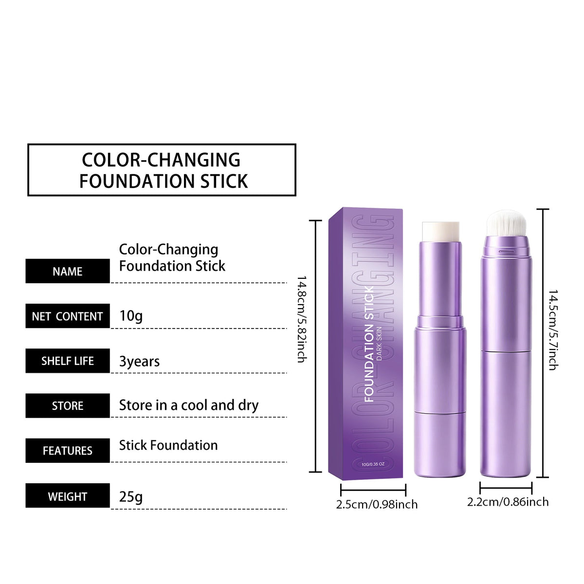 Light, Thin, Delicate, Skin Friendly, Easy To Put On Daily Makeup, No Mask, Two In One Color Changing Foundation Make-up Stick  Dark Skin Color , 10g, 1 Box Tri Light Beauty
