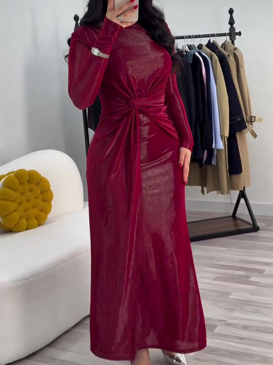 Metallic Maxi Dress With Twist Front Detail And Long Sleeves NorixaFashion.com