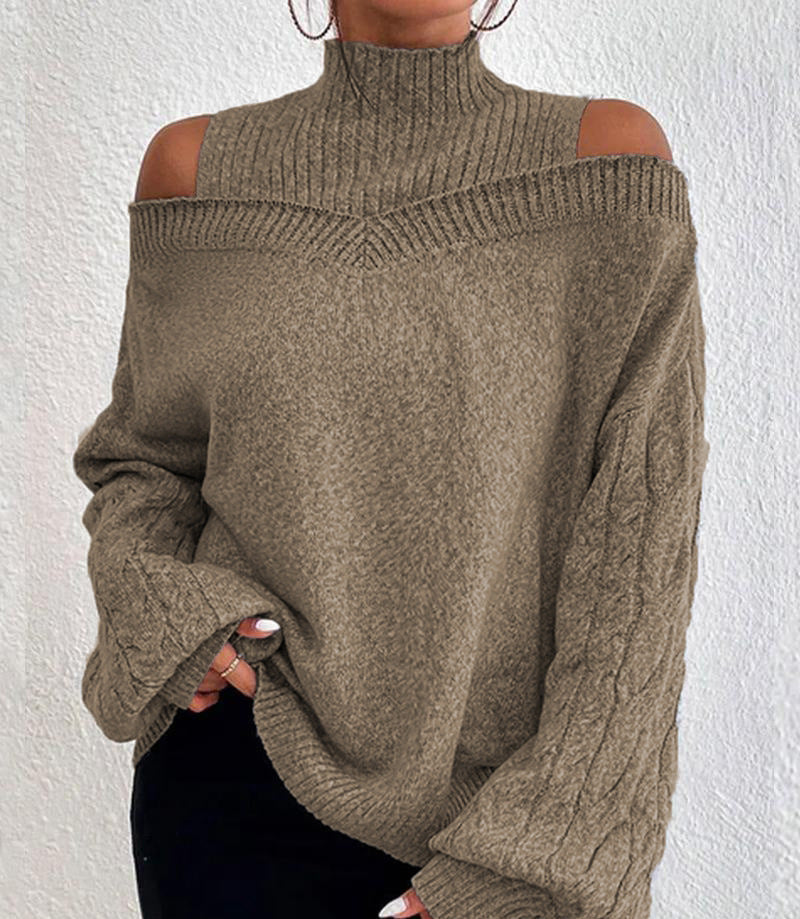Off-the-shoulder Sweater Women's Pullover Half Turtleneck Autumn And Winter New Lantern Sleeve Sweater NorixaFashion.com