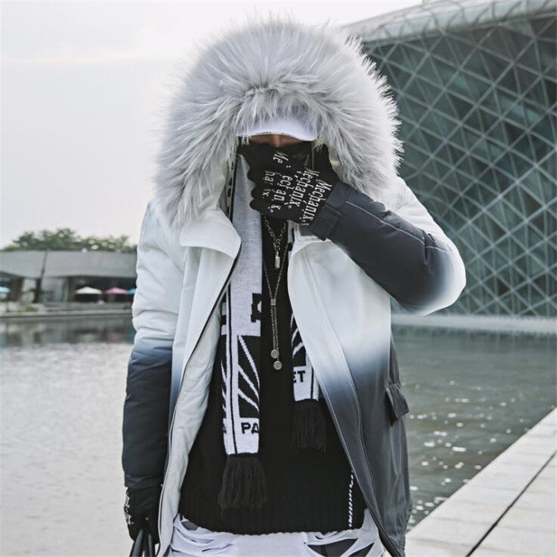 Trendy Thick Fur Collar Gradient Hooded Cotton Jacket Pi-Mart