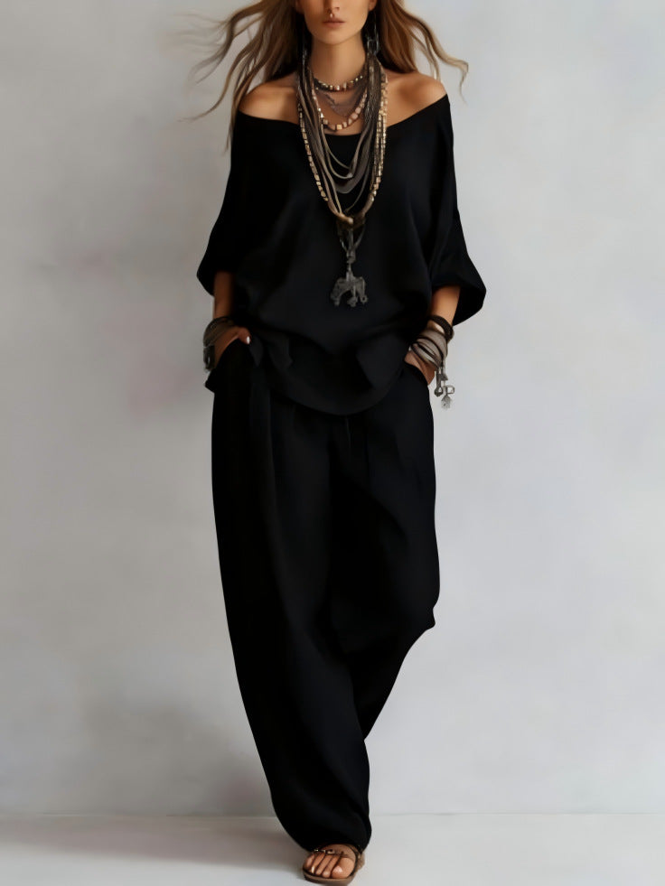 Off-shouder Suits Fashion Three-quarter Sleeves Top And Loose Pockets Wide-Leg Pants Set Women's Clothing NorixaFashion.com