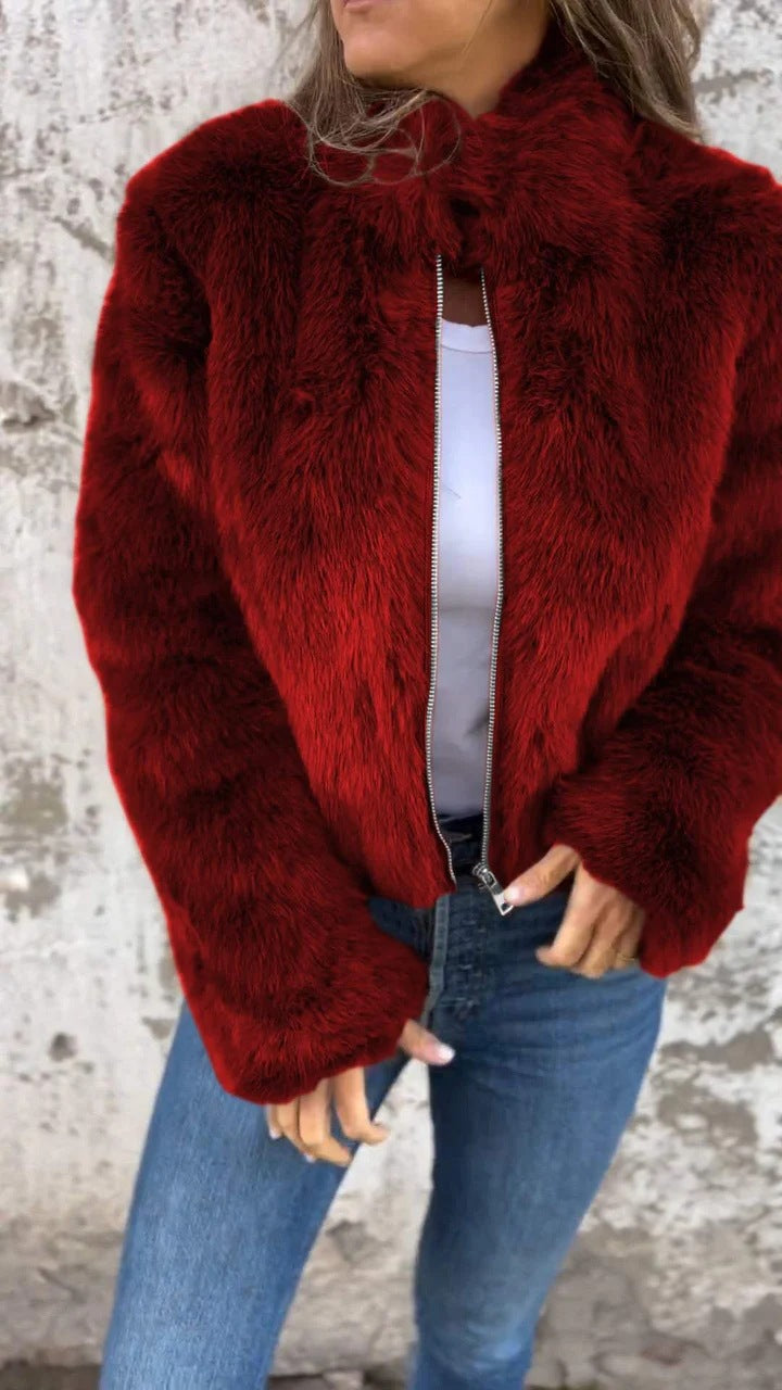 Fashion Stand Collar Plush Jacket Winter Casual Turtleneck Zipper Coat Fleece Tops Women's Clothing LadyShow.Store