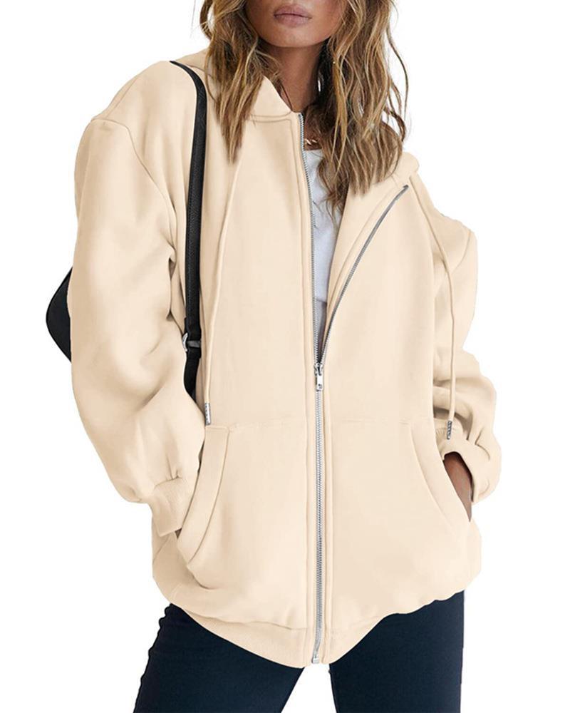Women's Fashion Casual Solid Color Drawstring Zipper Hooded Sweatshirt LadyShow.Store