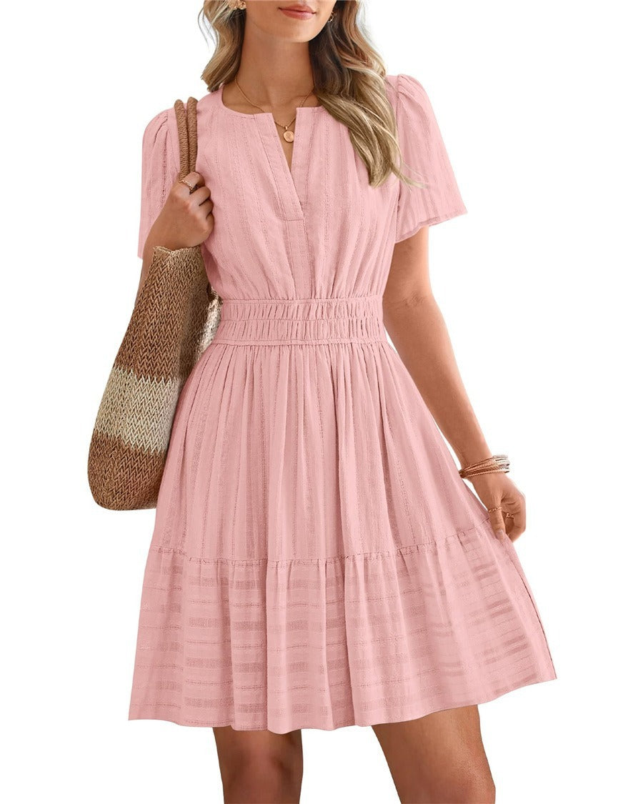 2026 Hot Sale Spring Summer Women's Solid Color V Neck Ruched Puff Sleeve Short Dress NorixaFashion.com