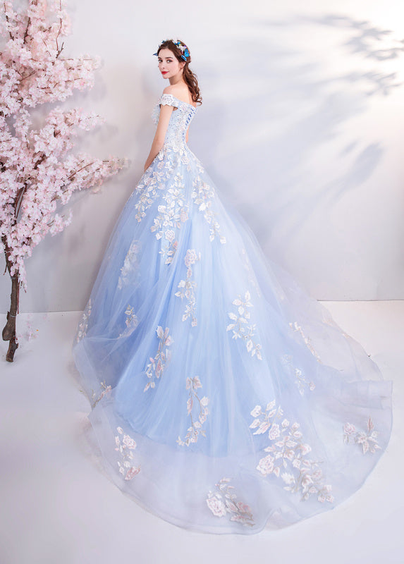 Blue Flowers Bride Wedding Toast Art Test Wedding Evening Dress LadyShow.Store