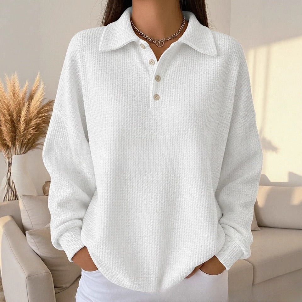 Loose Solid Color Versatile Lapel Polo Shirt Waffle Long Sleeve NorixaFashion.com