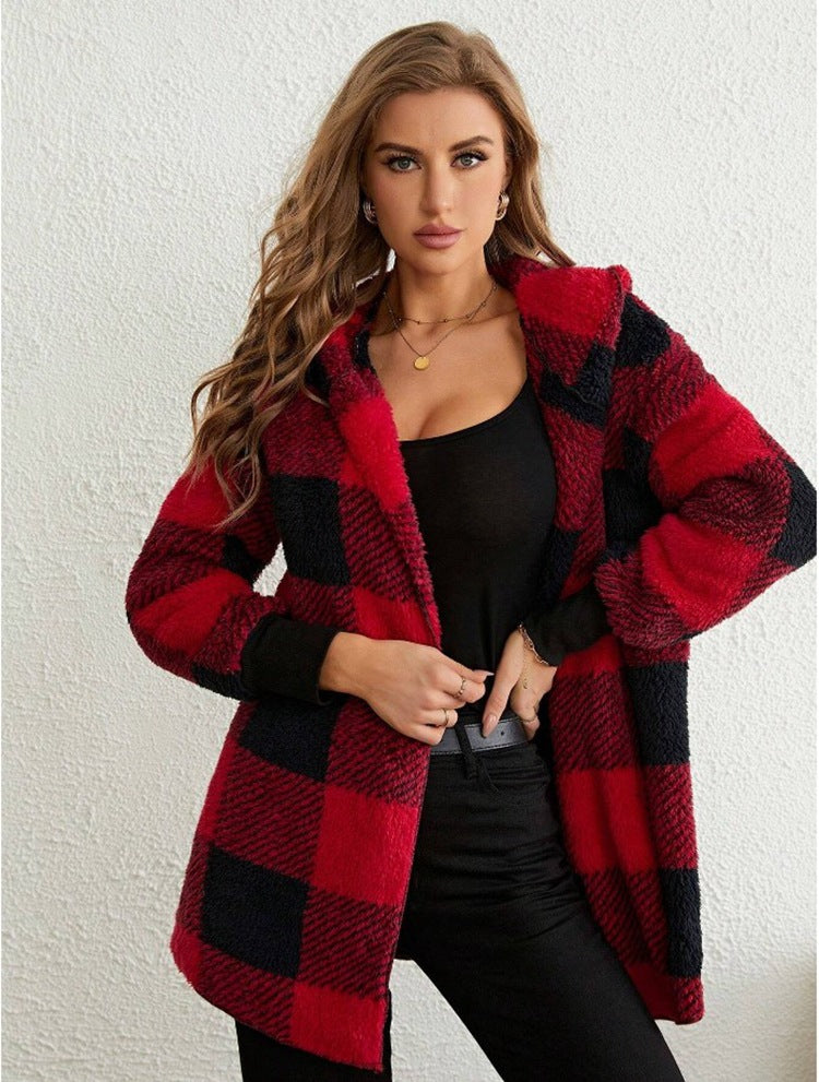 Coat Loose Plaid Color Stitching Knitted Cardigan Sweater NorixaFashion.com