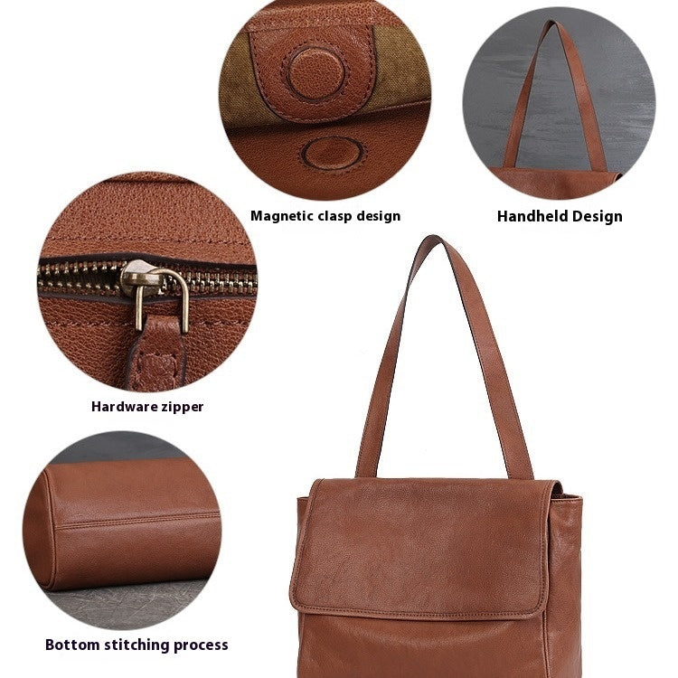 Solid Color Cowhide Tote Bag Simple Commute Shoulder Messenger Bag For Women LadyShow.Store
