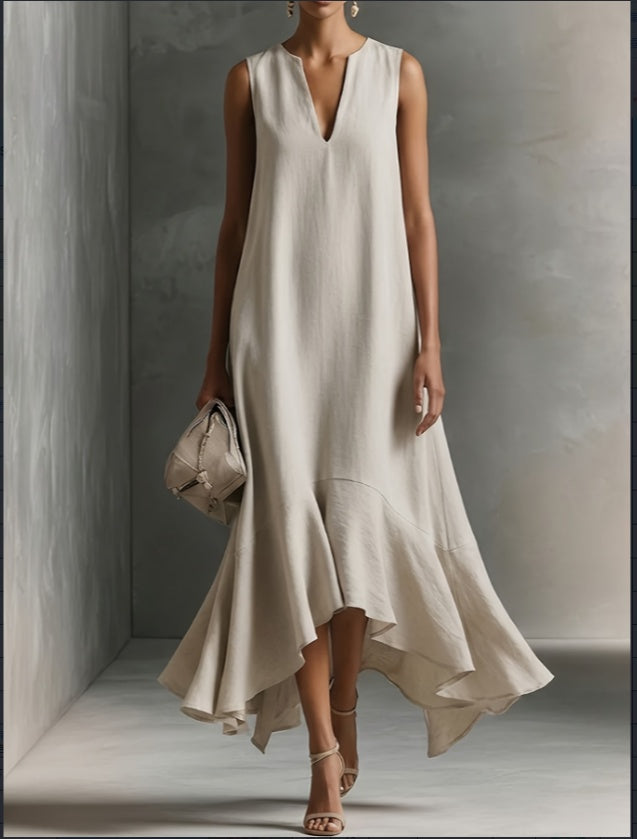 2026 Ultra Simple V-neck Sleeveless Irregular Dress NorixaFashion.com