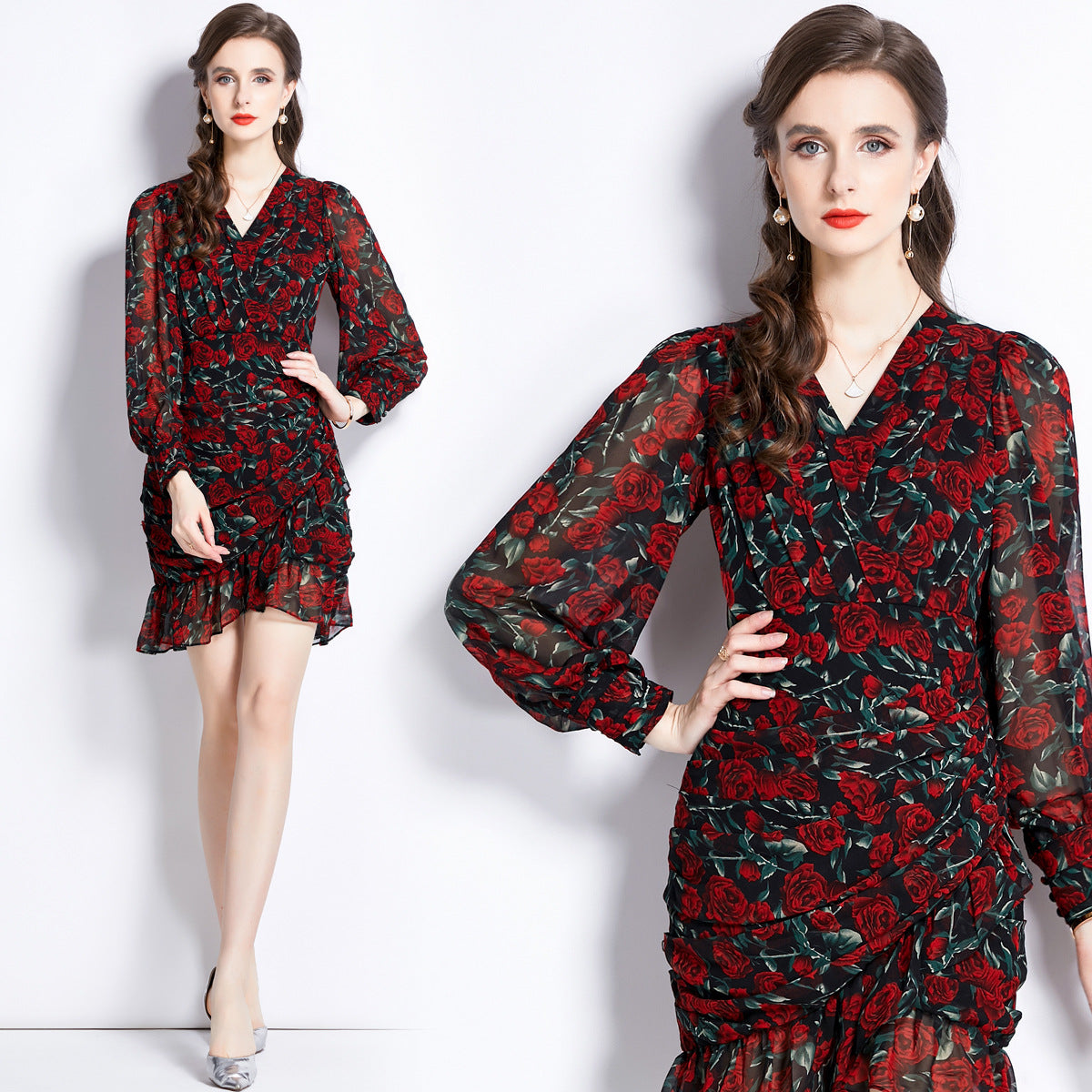 Printed Chiffon Fishtail Dress Women NorixaFashion.com
