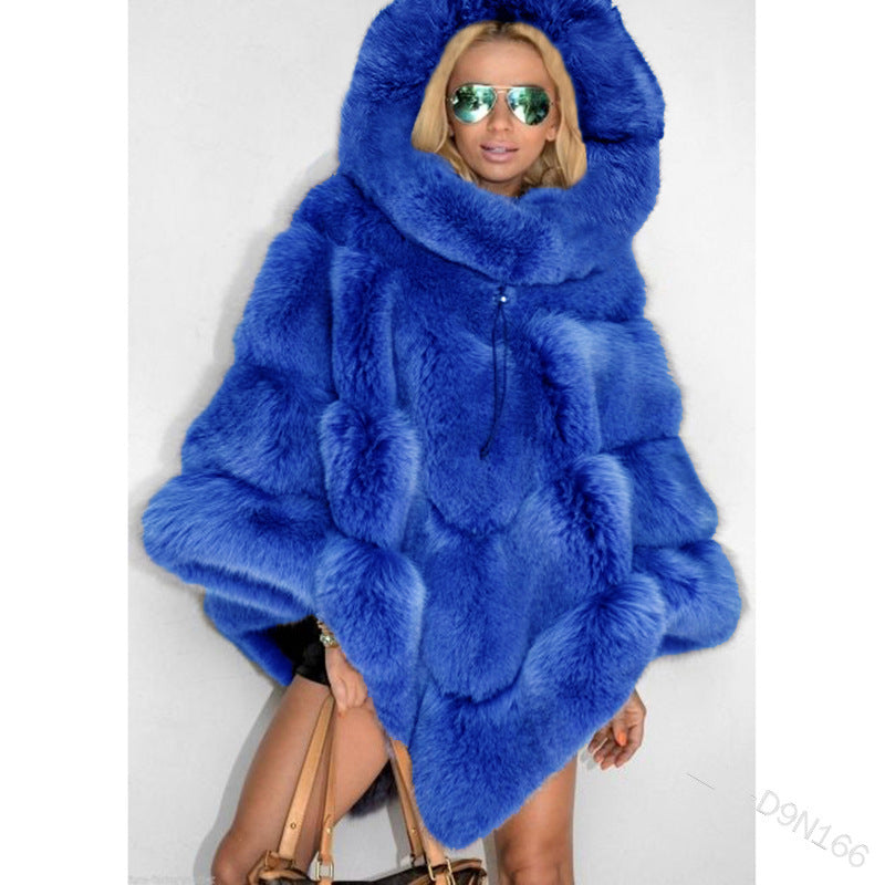 Solid Color Hooded Faux Fur Patchwork Loose Coat Elegant Commuter Cape Women's NorixaFashion.com