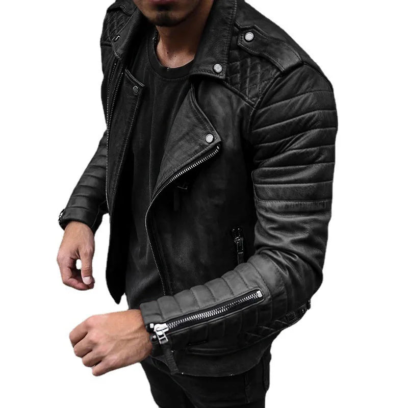 Men's Slim Fit Brown PU Leather Jacket with Lapel Pi-Mart