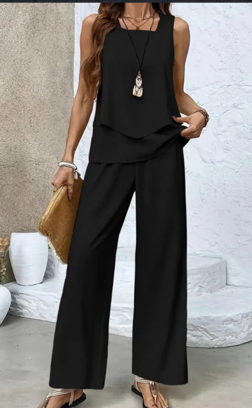 Print Suits Sleeveless Double-layer Vest And Loose Straight Pants Womens Clothing NorixaFashion.com