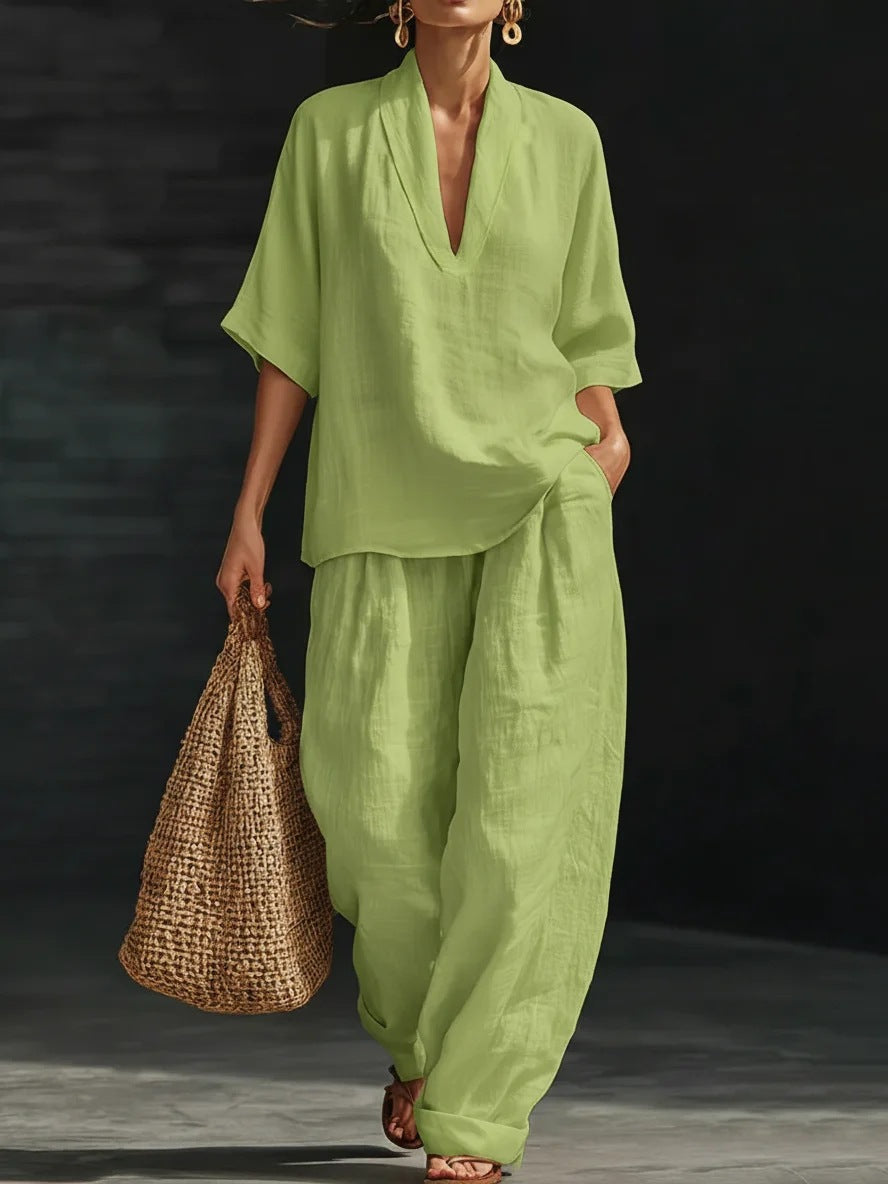 Women's Casual Simple Linen Two-Piece Set NorixaFashion.com