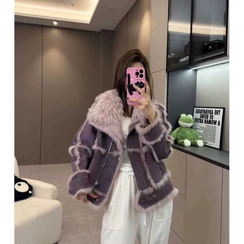 Women's Young Lamb Wool Short Stitching Coat Best YouTube Store