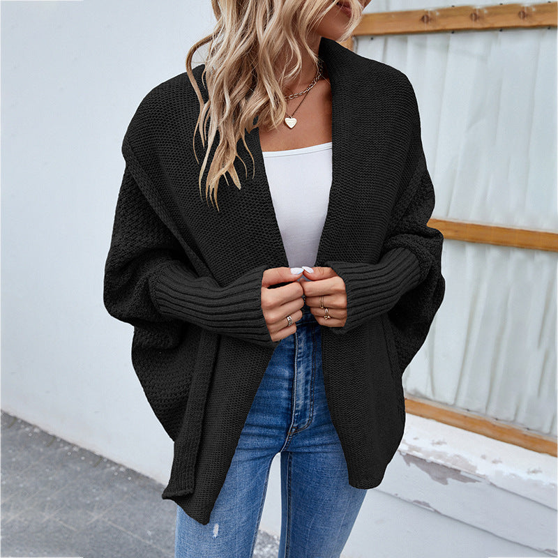 New Loose Knitted Sweater Solid Color Bat Sleeve Large Lapel Cardigan Autumn And Winter Fashion Jacket For Women Clothing LadyShow.Store