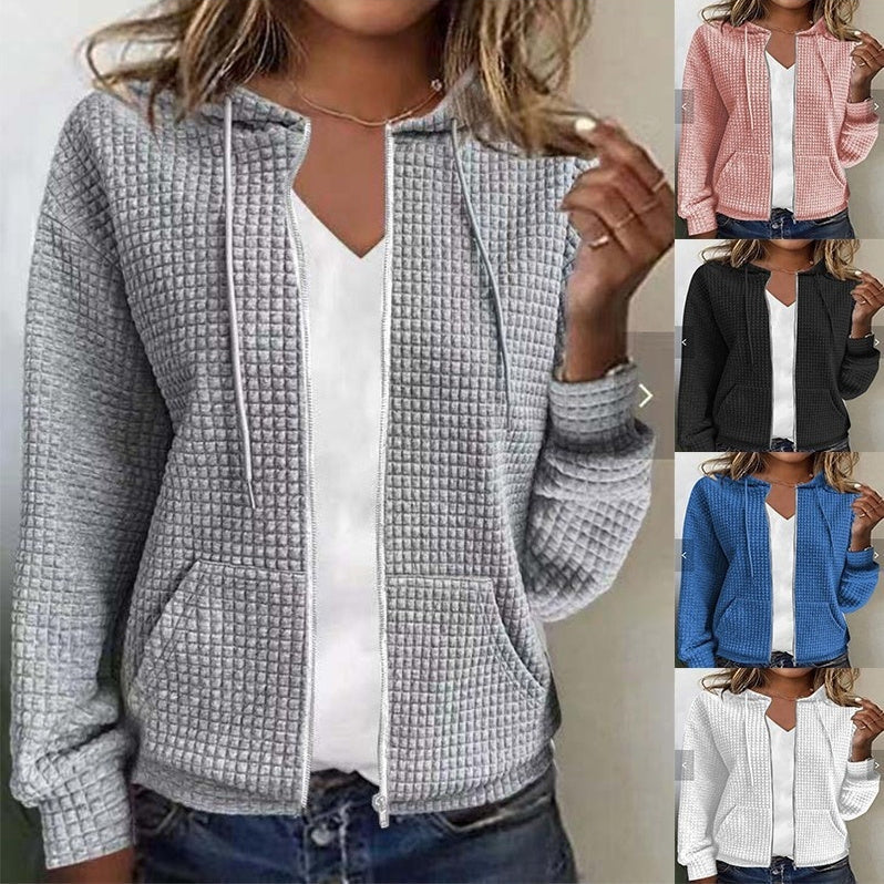 Womens Solid Color Hooded Zip Up Loose Long Sleeve Jacquard Sweatshirt NorixaFashion.com