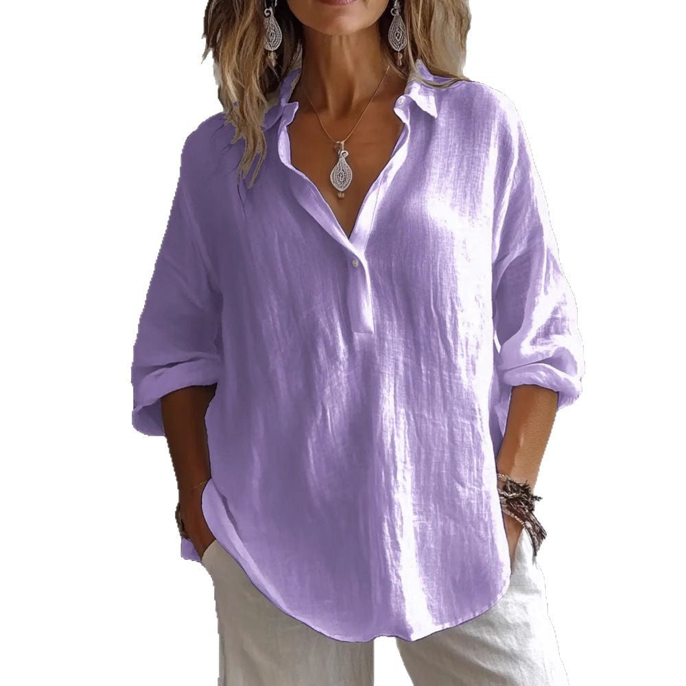 Fashion Long-sleeved Lapel Pullover Shirt Casual Loose Solid Color T-shirt Tops Women's Clothing NorixaFashion.com