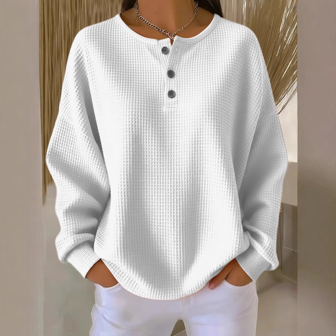 Ins Waffle Long-sleeved T-shirt Fashion Solid Color Buttons Round Neck Pullover Top Women's Clothing NorixaFashion.com