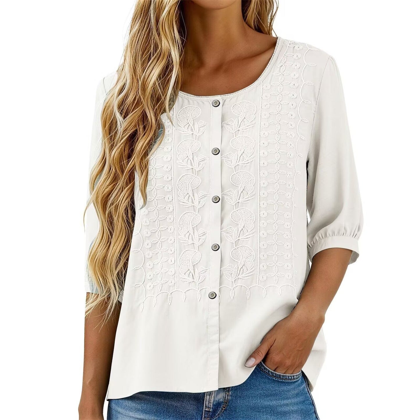 V-Neck Short Sleeve Cotton Linen Shirt, Heavy Embroidery Casual Blouse NorixaFashion.com