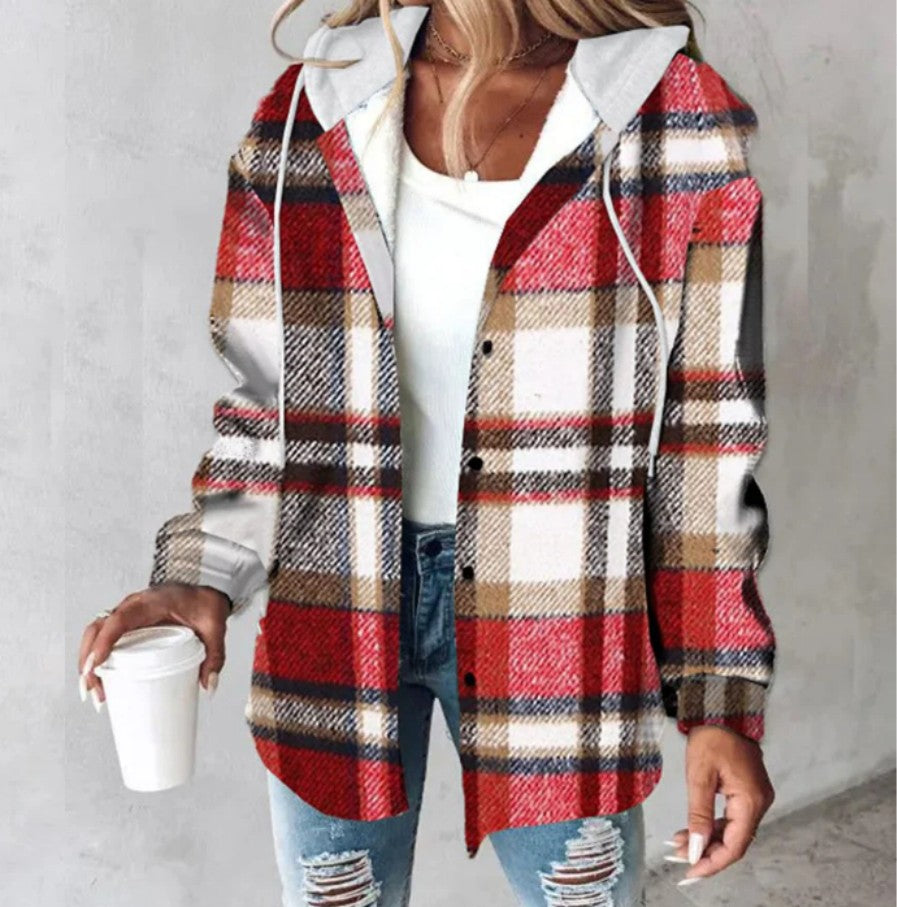 Plaid Hooded Jacket Fashion Casual Button Pocket Coat Autumn And Winter Women's Clothing LuxuryLifeWay Online Store