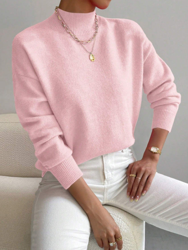 Autumn And Winter Half-high Collar Pullover Women's Fashion Solid Color Loose Knitted Top LadyShow.Store