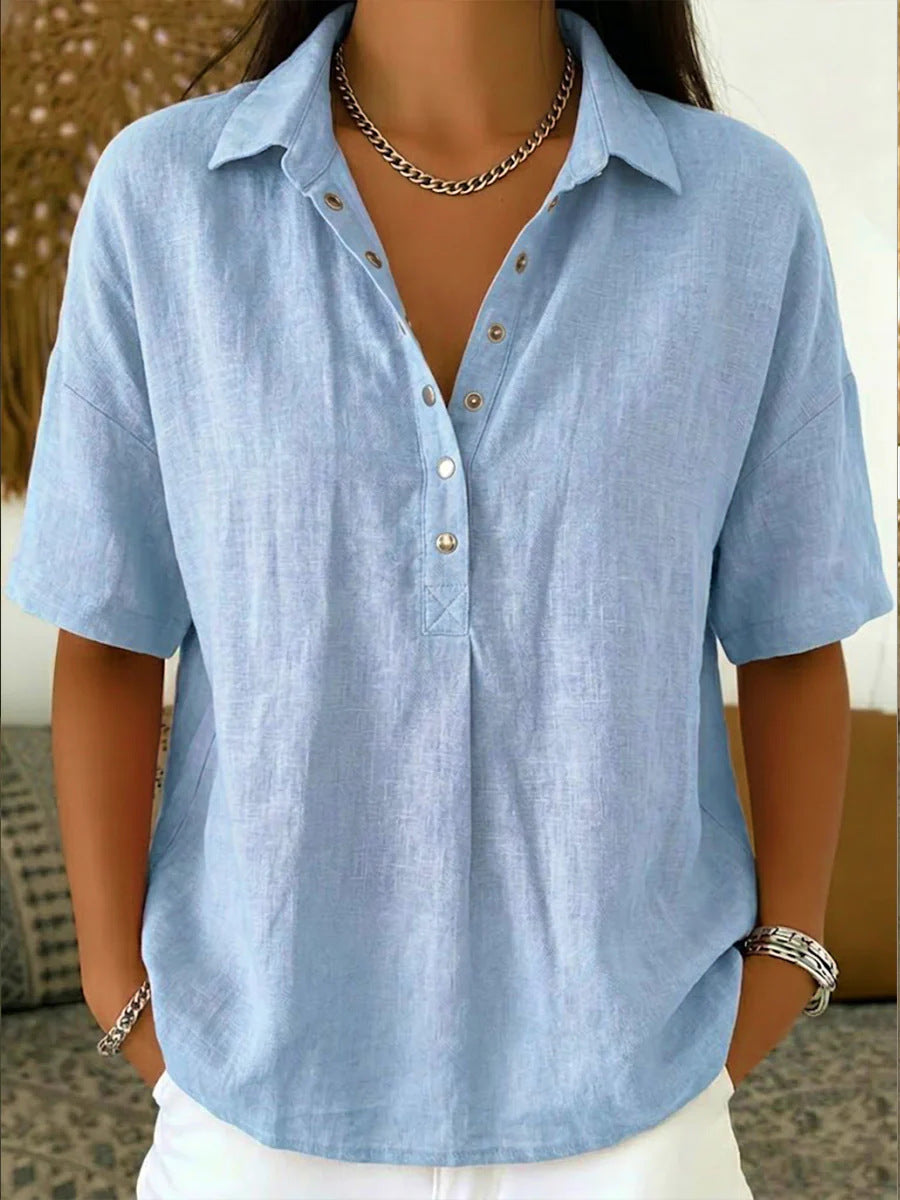Summer Short-sleeved Shirt Button Pullover Top Fashion Casual Women's Clothing NorixaFashion.com