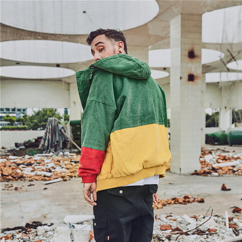 Corduroy Hip-Hop Patchwork Hooded Jacket for Couples Pi-Mart