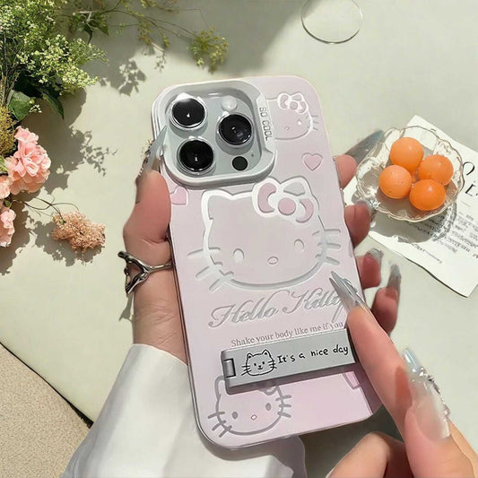 Luxury Pink Kitty Case with Stand for iPhone 16 15 14 13 12 11 Pro Max Plus - Soft Silicone Anti-Drop Protective Cover with Bracket LuxuryLifeWay Online Store