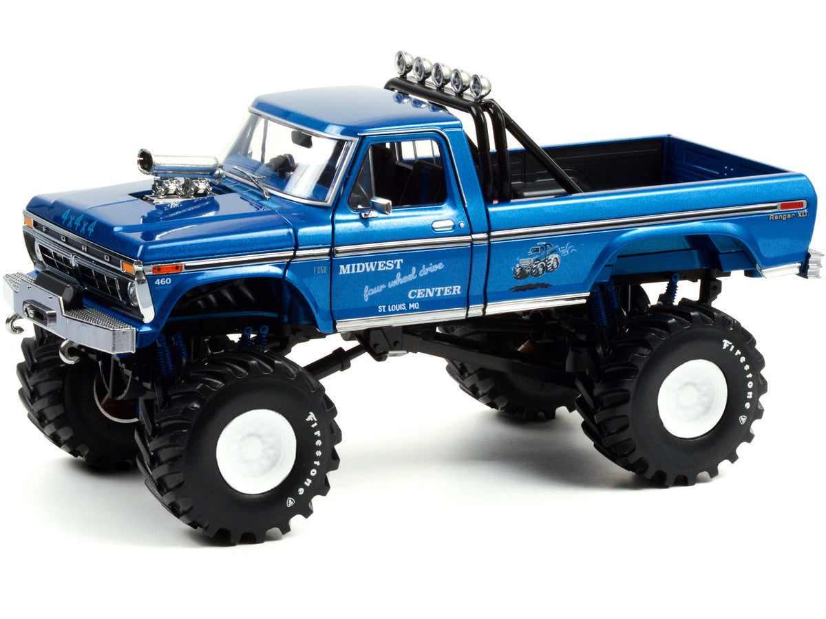 1974 Ford F-250 Ranger XLT Monster Truck with 48-Inch Tires Blue Metallic "Midwest Four Wheel Drive Center" "Kings of Crunch" Series 1/18 Diecast Model Car by Greenlight LuxuryLifeWay Online Store