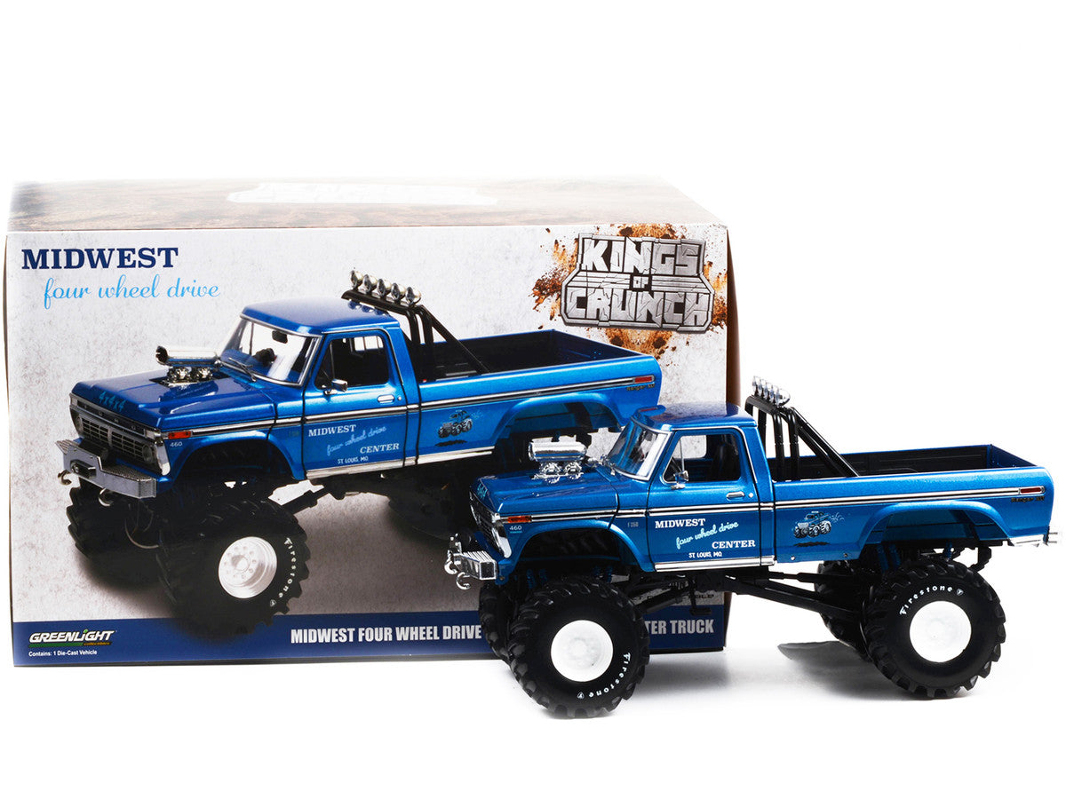 1974 Ford F-250 Ranger XLT Monster Truck with 48-Inch Tires Blue Metallic "Midwest Four Wheel Drive Center" "Kings of Crunch" Series 1/18 Diecast Model Car by Greenlight LuxuryLifeWay Online Store