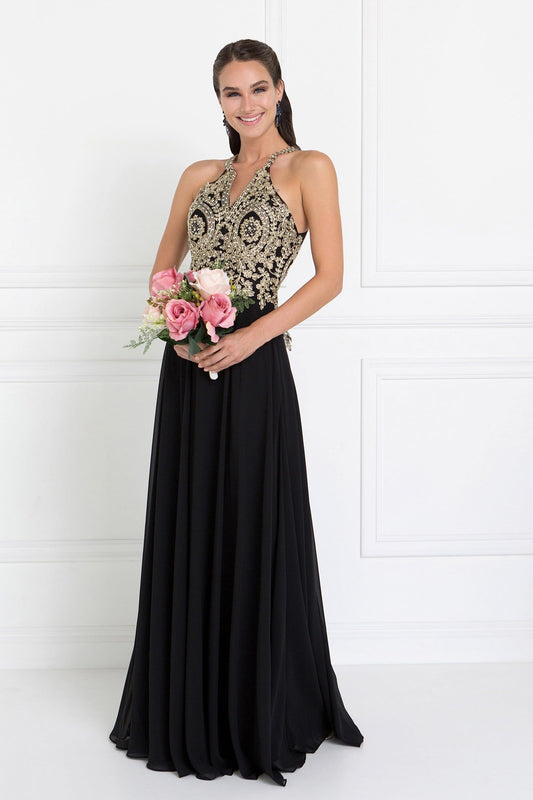 Chiffon Deep V-Back A-Line Long Dress Accented with Embroidery LuxuryLifeWay Online Store