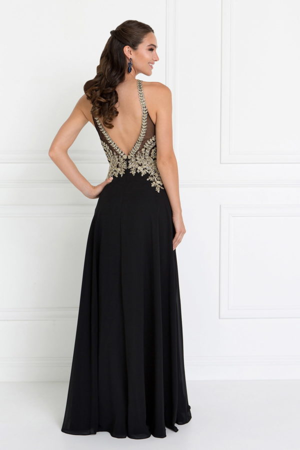 Chiffon Deep V-Back A-Line Long Dress Accented with Embroidery LuxuryLifeWay Online Store