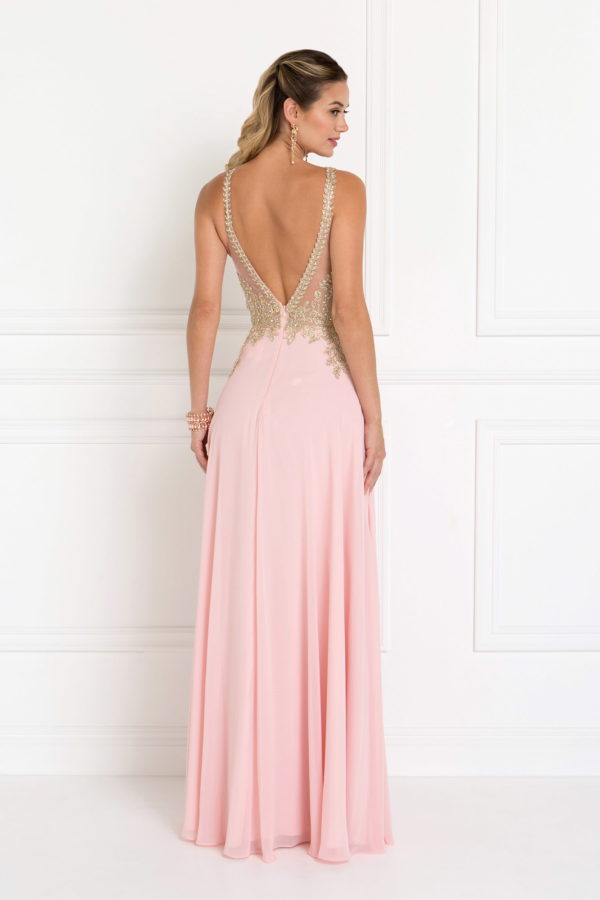 Chiffon Deep V-Back A-Line Long Dress Accented with Embroidery LuxuryLifeWay Online Store