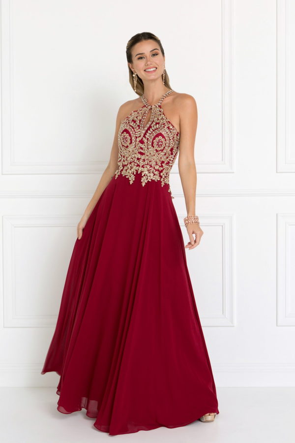 Chiffon Deep V-Back A-Line Long Dress Accented with Embroidery LuxuryLifeWay Online Store