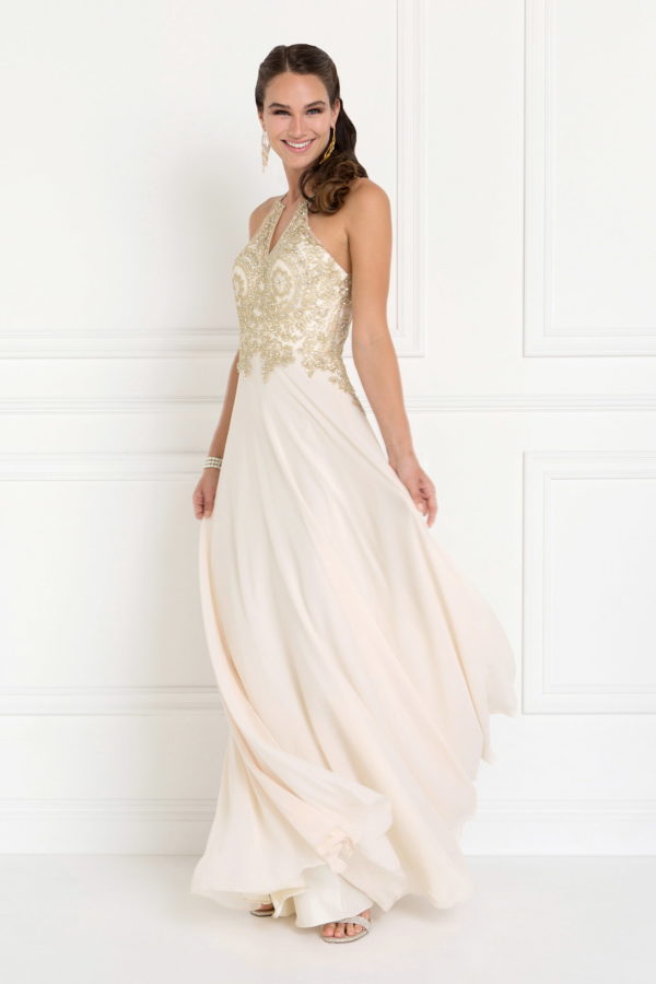 Chiffon Deep V-Back A-Line Long Dress Accented with Embroidery LuxuryLifeWay Online Store