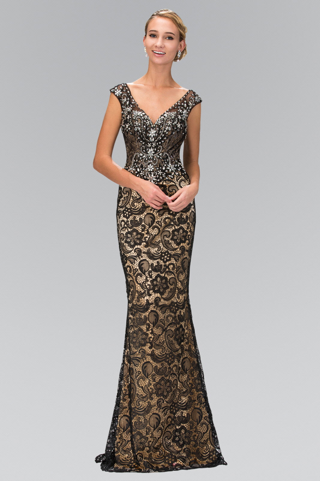 V-Neck Lace Embellished Long Dress with Jewel Detailing LuxuryLifeWay Online Store